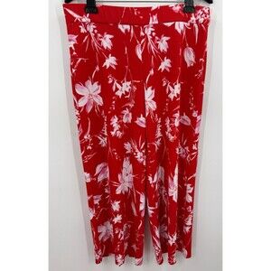 Isaac Mizrahi LP Pants Pull On Wide Leg Textured Red Floral Beach Travel Resort